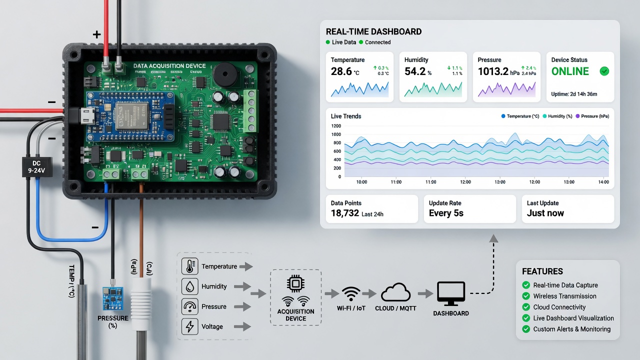 MCUBEUSA data acquisition device: sensor wiring into the acquisition board, data flowing over Wi-Fi and MQTT to a real-time dashboard showing temperature, humidity, and pressure